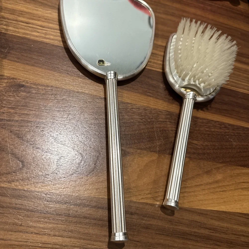Vintage Mirror and Brush Vanity Set Silver Colored Brushed Finish